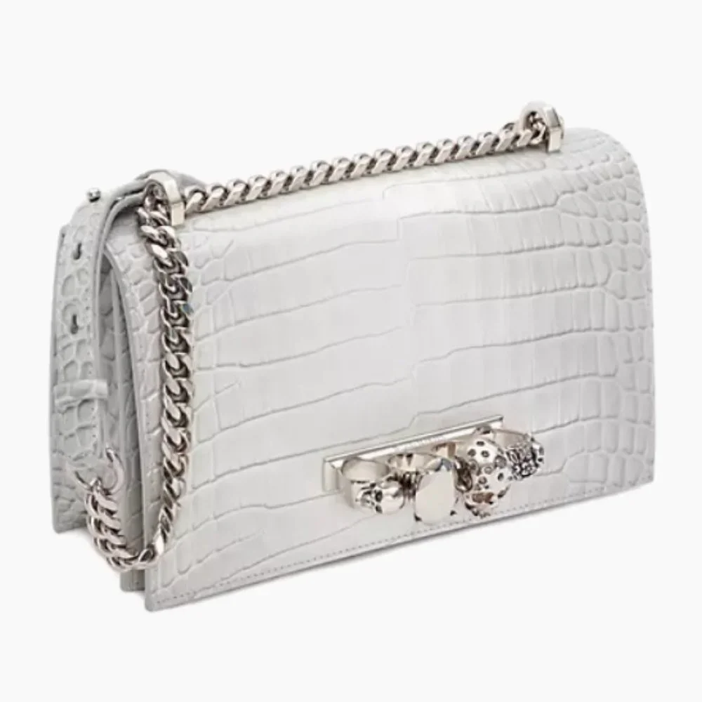 Alexander McQueen Medium Four Ring Croc-Embossed Leather Crossbody Light Gray - Picture 5 of 11